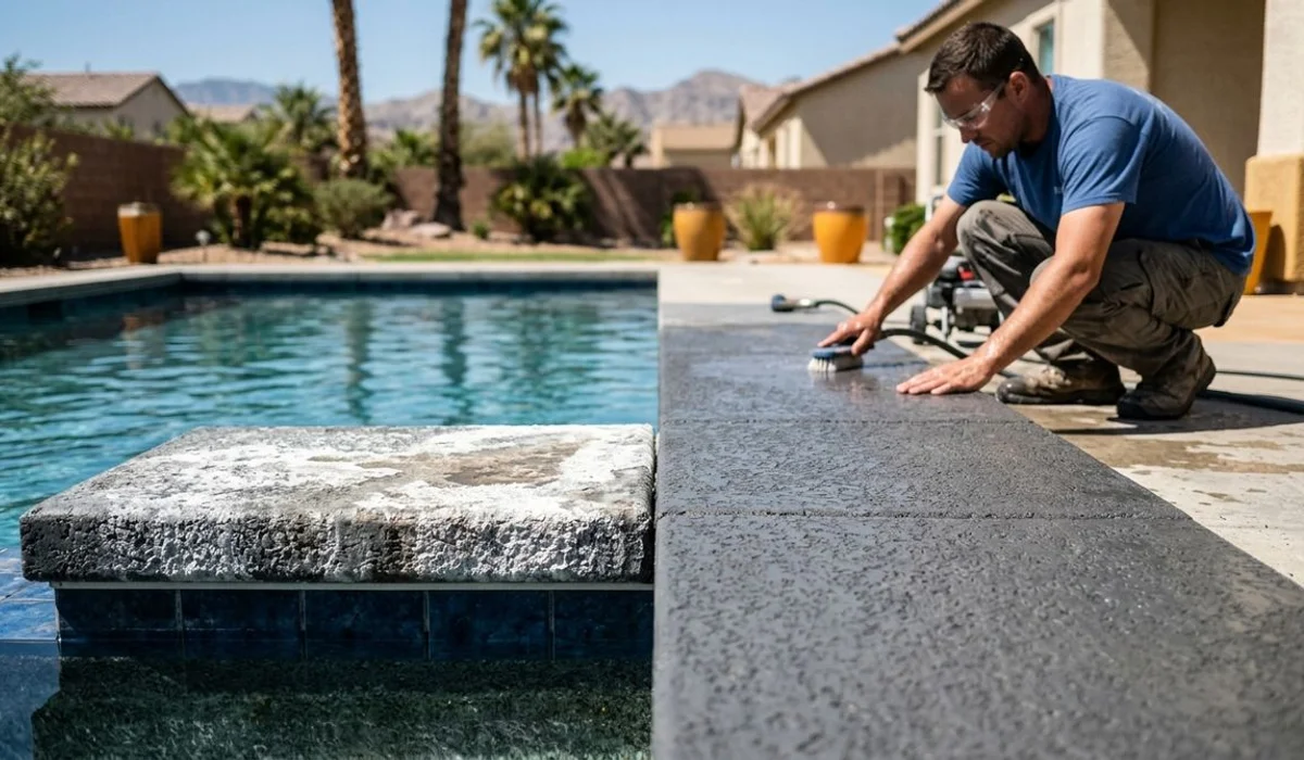 Before/after of calcium removal on pool coping