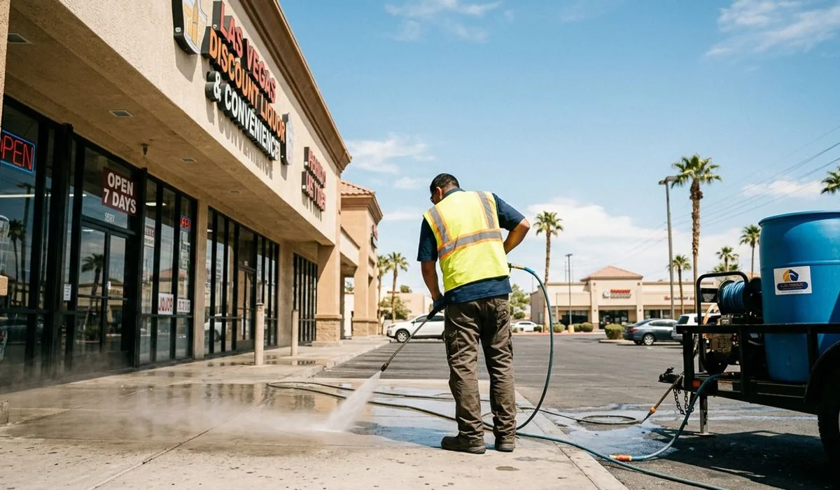 Commercial pressure washing crew working a large storefront, bright daylight