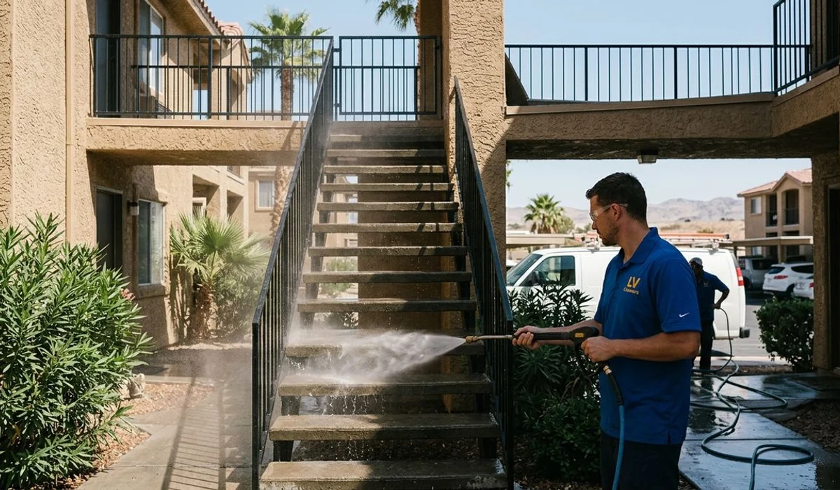 Crew pressure washing apartment breezeways and stairs, bright daylight