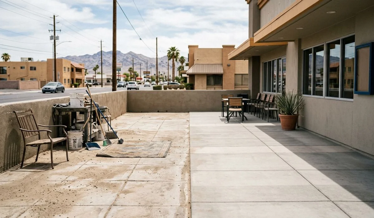 Dull dust-covered patio next to a restored clean section