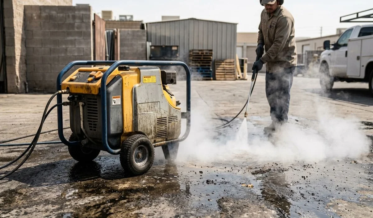 Industrial hot-water pressure washer steaming on greasy commercial concrete