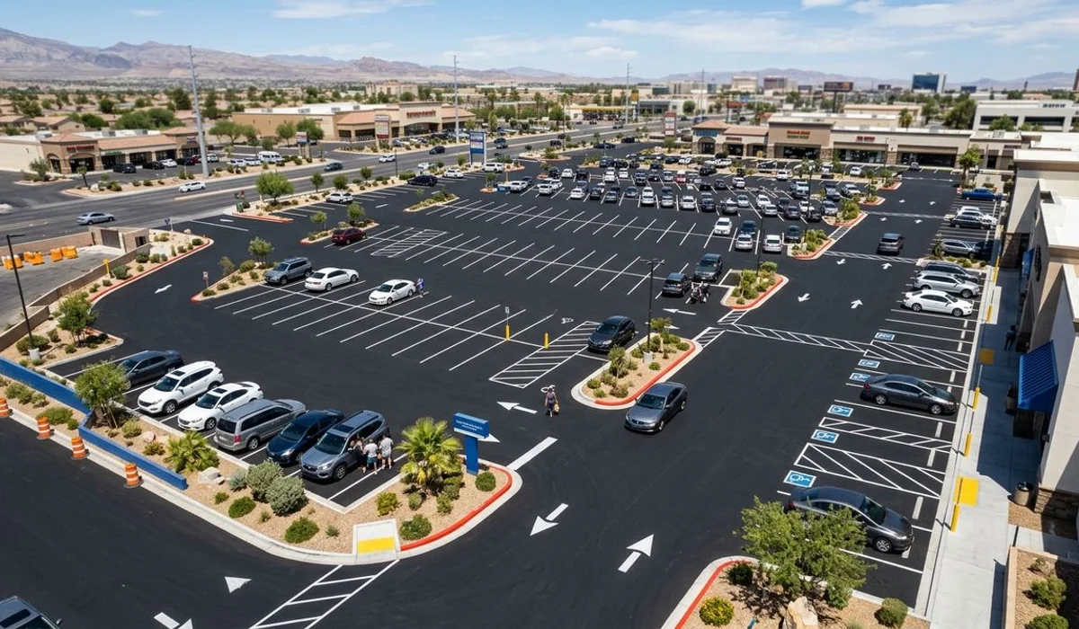 Newly striped parking lot with optimized layout, aerial-style